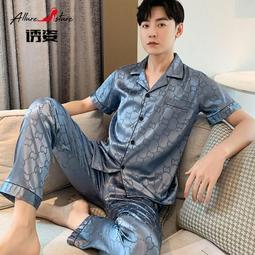仿真冰絲睡衣 男士  絲綢男式短袖長褲 簡約休閑家居服 套裝 歷史價格詳細信息