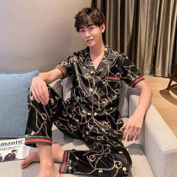 仿真冰絲睡衣 男士  絲綢男式短袖長褲 簡約休閑家居服 套裝 歷史價格詳細信息