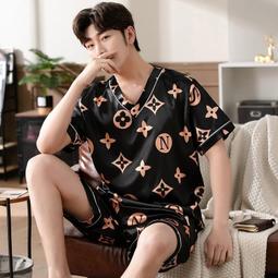 仿真冰絲睡衣 男士  絲綢男式短袖長褲 簡約休閑家居服 套裝 歷史價格詳細信息