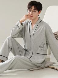 男士純棉睡衣秋冬款華夫格高級感男生黑色春秋季長袖家居服兩件套[樂營睡衣] 歷史價格詳細信息