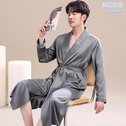 可外穿家居服  薄款睡袍 男款浴袍睡袍 高檔真絲綢睡袍男夏季短袖薄款冰絲男士睡衣浴袍男春秋家居服套裝 歷史價格詳細信息