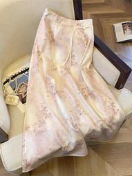 新中式國風水墨印花闊腿褲女夏薄款高腰垂感長褲顯瘦直筒拖地褲子 歷史價格詳細信息