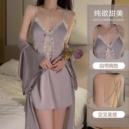 春季新款性感帶胸墊吊帶睡裙誘惑三件套睡袍女士蕾絲純色網紅睡衣 歷史價格詳細信息