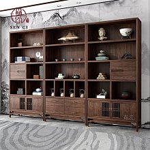 新中式實木書櫃置物櫃落地玻璃展示櫃黑胡桃木儲物櫃收納櫃組合櫃 歷史價格詳細信息