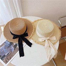 草帽蝴蝶結毛邊平頂草帽女夏季海邊沙灘防曬帽夏威夷太陽編織遮陽帽子 新品 歷史價格詳細信息