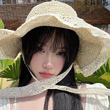 【防晒帽子】遮陽帽草帽女夏季蕾絲綁帶漁夫帽子女海邊沙灘防晒遮臉手工太陽帽-時尚女裝 歷史價格詳細信息