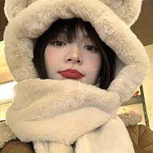 小熊毛絨帽子圍巾一體女冬韓版可愛顯臉小百搭加厚保暖護耳雷鋒帽 歷史價格詳細信息