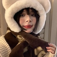 小熊毛絨帽子圍巾一體女冬韓版可愛顯臉小百搭加厚保暖護耳雷鋒帽 歷史價格詳細信息