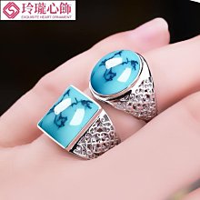 S925銀男戒指空托diy泰銀托鑲嵌蜜蠟綠松玉石戒面橢圓形戒托12*15-玲瓏心飾 歷史價格詳細信息