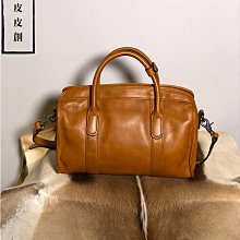 『皮皮創』原創設計手作真皮波士頓包。法式復古頭層植鞣牛皮斜背包高級質感通勤側背包 大容量簡約百搭鬆弛休閒真皮手提單肩包 歷史價格詳細信息