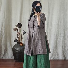 ~棉麻專賣店文藝女裝~日系復古設計款范印花長袖圓領罩衫秋季寬松女裝上衣水洗麻紗中長襯衫 歷史價格詳細信息