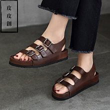 『皮皮創』原創設計手作真皮涼鞋。夏季新款頭層牛皮鏤空涼鞋露趾平底高幫羅馬鞋皮帶扣真皮軟底涼靴T685-53 歷史價格詳細信息