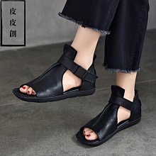 『皮皮創』原創設計手作真皮涼鞋。夏季新款頭層牛皮鏤空涼鞋露趾平底高幫羅馬鞋皮帶扣真皮軟底涼靴T685-53 價格比較,價格查詢,歷史價格詳細信息