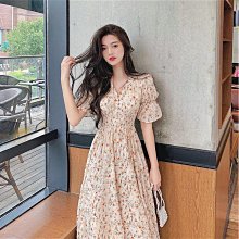 法式泡泡袖雪紡碎花連衣裙子女夏季新款休閑氣質收腰a字長裙-名流 歷史價格詳細信息