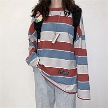 條紋長T  韓系寬鬆落肩拼接色領口圓領t恤 長袖T【TJT9420】現貨+預購 歷史價格詳細信息