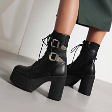 大碼女靴 秋冬女士大碼鞋 外貿新款歐美風方頭交叉系帶方扣后拉鏈防水台粗跟高跟中筒靴 歷史價格詳細信息