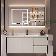 臺盆一體洗手臺奶油風浴室櫃膚感人造石一體盆智能鏡櫃浴櫃組合 歷史價格詳細信息
