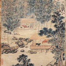 山水畫唐伯虎名畫聽泉圖風水絲綢畫中國特色禮品國畫玄關畫卷軸畫 歷史價格詳細信息