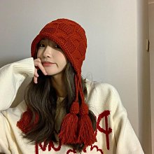 紅色帽子女秋冬針織護耳帽保暖可愛毛線帽大頭圍百搭顯臉小流蘇帽 歷史價格詳細信息
