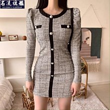 Korea韓國連線·正韓 氣質珍珠釦毛呢短洋裝 連身裙 連身洋裝 長袖洋裝 毛呢洋裝 排釦 氣質洋裝 短裙 合身- 價格比較,價格查詢,歷史價格詳細信息