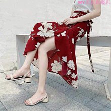 式半身裙 一片式碎花半身裙雪紡可印花沙灘裙高腰顯瘦百搭係帶開叉長裙防曬 歷史價格詳細信息