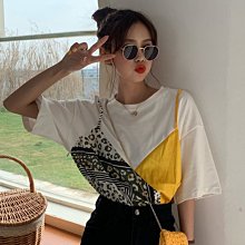 夏季2019新款女裝甜美拼色愛心印花短袖網紅T恤寬松小心機上衣潮 歷史價格詳細信息
