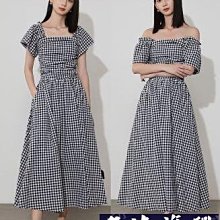 GDY法式複古方領一字肩黑白格紋連衣裙女夏新款氣質顯瘦收腰長裙-名流 價格比較,價格查詢,歷史價格詳細信息