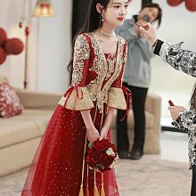 敬酒服新娘23新款冬季紅色結婚中式絲絨長款訂婚禮服裙秀禾服女~乾乾好物~ 歷史價格詳細信息