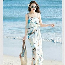 夏裝度假休閒闊腿褲女海邊沙灘褲子時尚系帶長袖高腰印花連體褲潮 歷史價格詳細信息