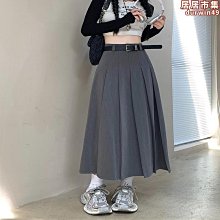 灰色夏季新款高腰西裝中長裙女學院風雙腰帶a字氣質百褶半身裙子 歷史價格詳細信息