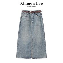 XinmonLee韓版休閑復古牛仔半身裙春秋女開叉高腰包臀A字中長裙 歷史價格詳細信息