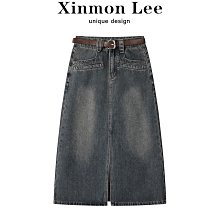 XinmonLee韓版休閑復古牛仔半身裙春秋女開叉高腰包臀A字中長裙 歷史價格詳細信息