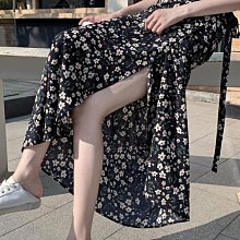 式半身裙 一片式碎花半身裙雪紡可印花沙灘裙高腰顯瘦百搭係帶開叉長裙防曬 歷史價格詳細信息