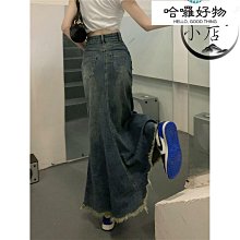 牛仔裙女中長款145矮個子xs碼復古毛邊牛仔半身裙女高腰設計感小眾魚尾裙A字長裙-時尚女裝 歷史價格詳細信息