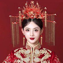 新娘秀禾頭飾新款頭冠中式婚禮髮飾鳳冠紅色髮釵耳夾金色 歷史價格詳細信息