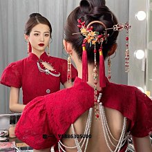 新款中式婚禮髮簪套裝手工布藝花瓣串珠長流蘇頭飾新娘造型髮飾 歷史價格詳細信息