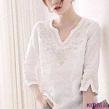 KITI精品夏季棉麻襯衫女裝燈籠袖復古藝文上衣寬鬆顯瘦五分袖大尺碼襯衫女 歷史價格詳細信息