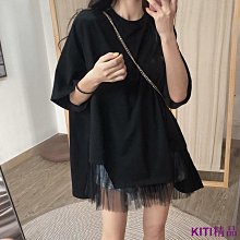 KITI精品【大尺碼女裝】D&G設計感拼接條紋韓版大學T女2022年早春中長款寬鬆慵懶風假兩件上衣 歷史價格詳細信息