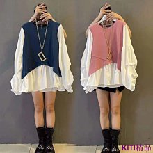 KITI精品【大尺碼女裝】D&G設計感拼接條紋韓版大學T女2022年早春中長款寬鬆慵懶風假兩件上衣 歷史價格詳細信息