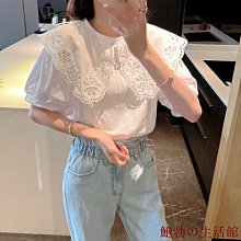【韓版潮流時尚】娃娃韓版寬鬆甜美蕾絲領拼接刺繡純色棉麻娃娃領襯女短袖OL通勤清新脫俗 歷史價格詳細信息