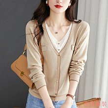 v領假兩件開衫女雙排扣設計2024春秋款可外穿針織衫女 曲珠開衫女 歷史價格詳細信息