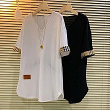 【歡迎光臨】【50-150KG】長袖T恤 V領上衣 大尺碼開叉寬鬆顯瘦百搭打底衫 胖MM必備 女生衣著 C9690 歷史價格詳細信息