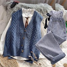 【歡迎光臨】 三件套裝春秋法式複古拚色針織馬甲背心疊穿條紋襯衫女+百褶短裙 歷史價格詳細信息