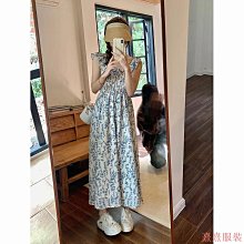 熹熹服裝Dress  韓版藍色碎花吊帶裙 甜美收腰 顯瘦 抹胸裙 小飛袖 女裝 長裙 大尺碼裙子 度假長裙洋裝女 價格比較,價格查詢,歷史價格詳細信息