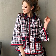 撞色娃娃領格子襯衫女裝春夏2023新款單排扣短袖休閑短款百搭上衣-格林賣場 歷史價格詳細信息