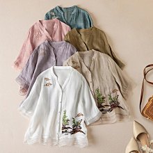2985實拍2023夏新款拼接苧麻文藝清新刺繡V領高端短款氣質女上衣~壹號女裝 歷史價格詳細信息
