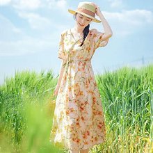 連身裙印花連衣裙 夏季民族風古風圓領收腰顯瘦女款七分袖長裙 歷史價格詳細信息