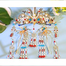 漢服發冠女古風頭飾全套古裝發飾流蘇步搖發簪龍母新娘配飾鮫人淚-新店特惠 歷史價格詳細信息