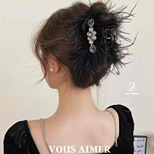 羽毛抓夾黑色不掉毛顯髮量髮夾女後腦勺毛毛新款高級感鯊魚夾頭飾 歷史價格詳細信息