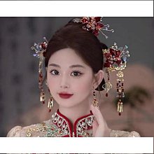 新娘秀禾服頭飾2024新款中式紅色絨花花朵古風大氣高級龍鳳褂髮飾 歷史價格詳細信息